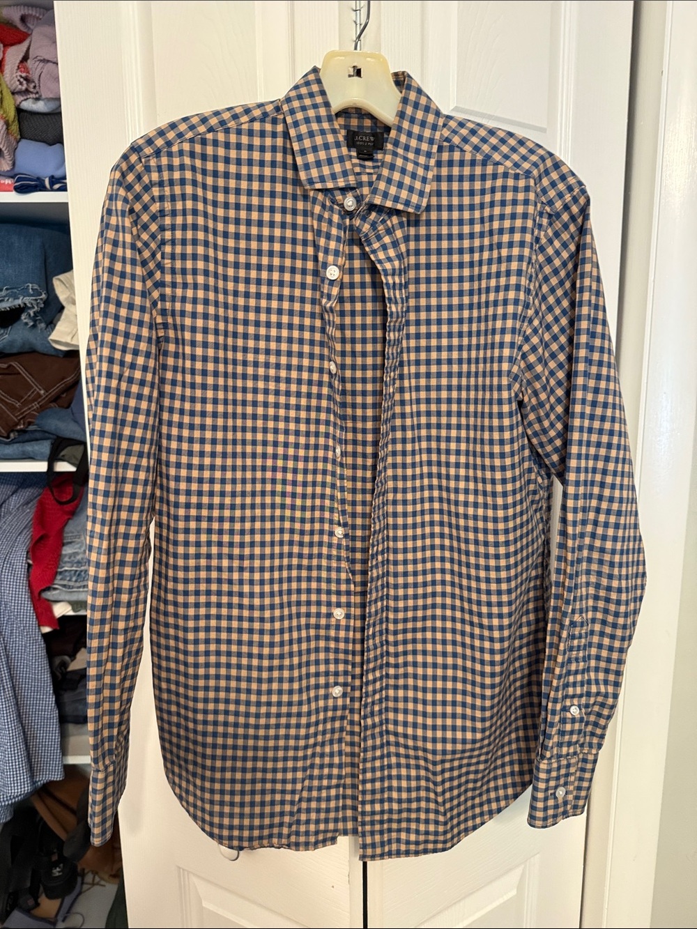 J. Crew Men’s Blue & Tan Checkered Button Down, Size Small
